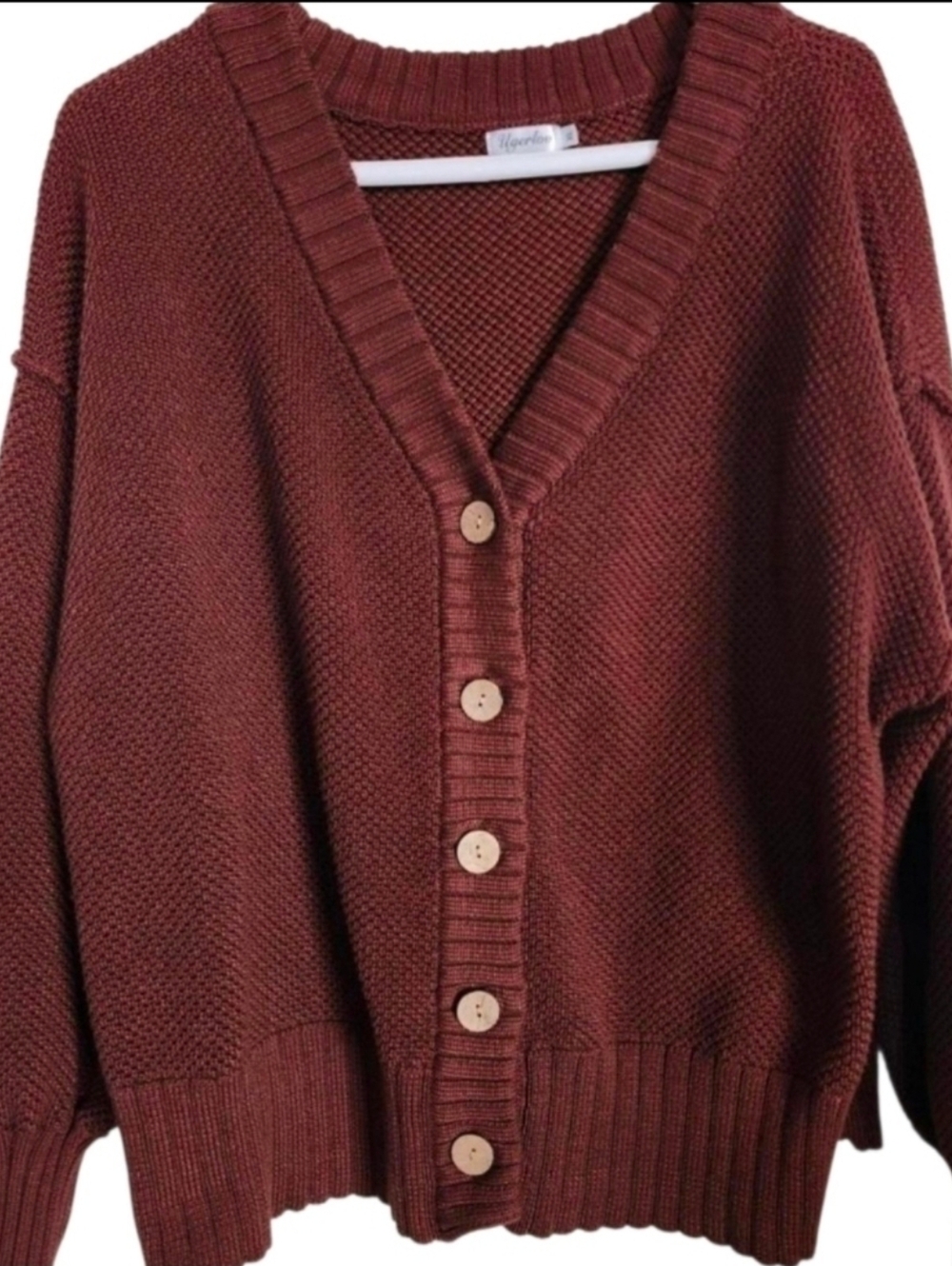 Women's Oversized V-Neck Button Cardigan Sweater - Burgundy